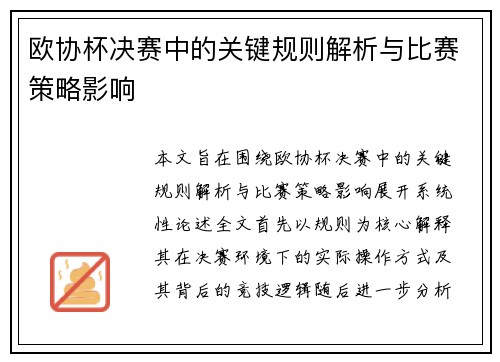 欧协杯决赛中的关键规则解析与比赛策略影响