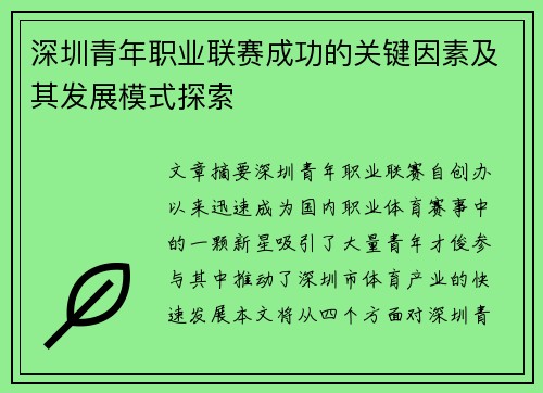 深圳青年职业联赛成功的关键因素及其发展模式探索 深圳青年职业联赛成功的关键因素及其发展模式探索