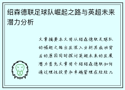 绍森德联足球队崛起之路与英超未来潜力分析 绍森德联足球队崛起之路与英超未来潜力分析
